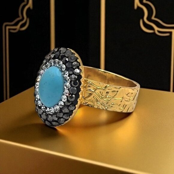 Turkish Handmade Adjustable 18K Gold Plated Turquoise Cuff Ring Exclusive Set - Picture 10 of 13